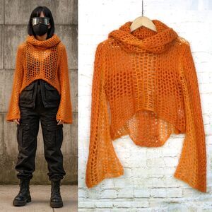Open Knit Crochet Crop Sweater Womens 4US Orange Cowl Neck Italy Mohair Y2K Rave